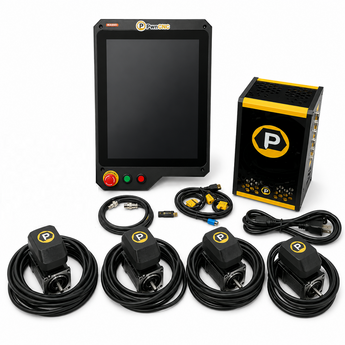A parking guidance and braking kit featuring a black touchscreen display, a yellow and black control box, four wheel-mounted brake units with coiled black cables, and several connectors, all arranged on a white background.