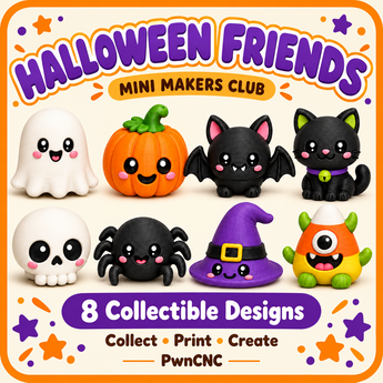 Halloween Friends Mini Makers Club: Ghost, Pumpkin, Bat, Black Cat, Skull, Spider, Witch Hat, and Candy Corn Monster.