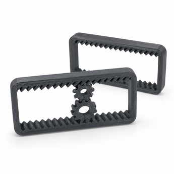 Dark gray 3D printed suspended gear fidget toy with two captured gears inside a rectangular frame