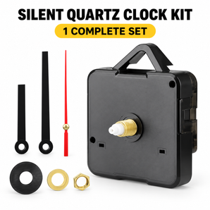 One silent quartz clock movement kit with black hour and minute hands, red second hand, gasket, washer, and mounting nut
