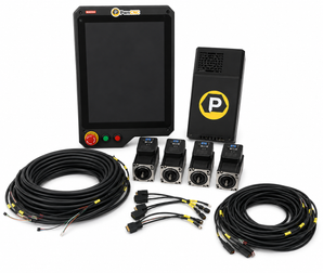 A black industrial control system kit on a white background, including a touchscreen controller, a speaker, four sensor modules, and multiple coiled black cables with yellow connector accents.
